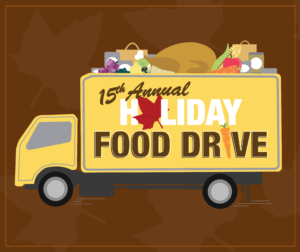 Holiday Food Drive logo, in text "15th annual holiday food drive"